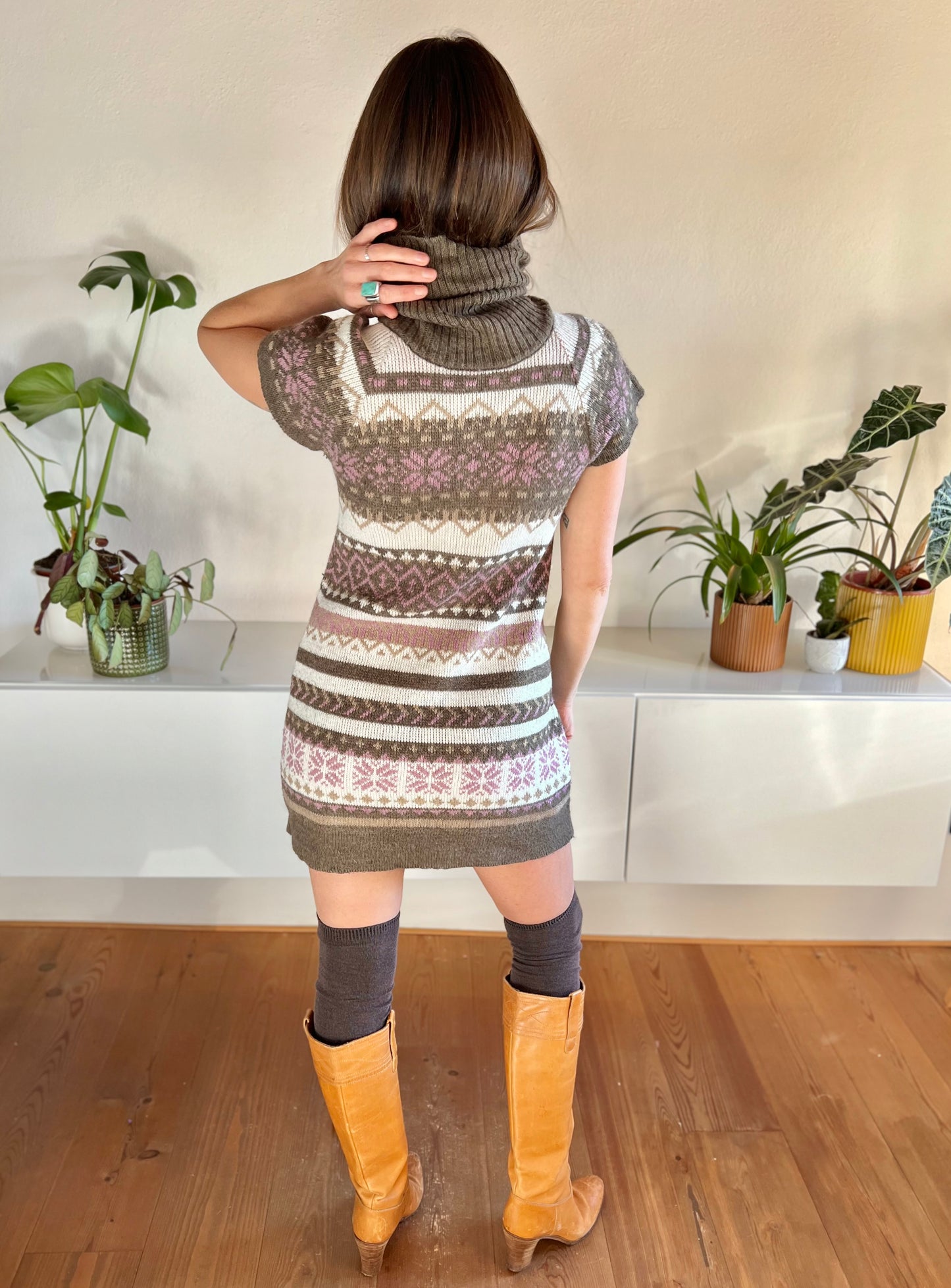 1990's vintage pink and brown geometric knit turtleneck mini dress