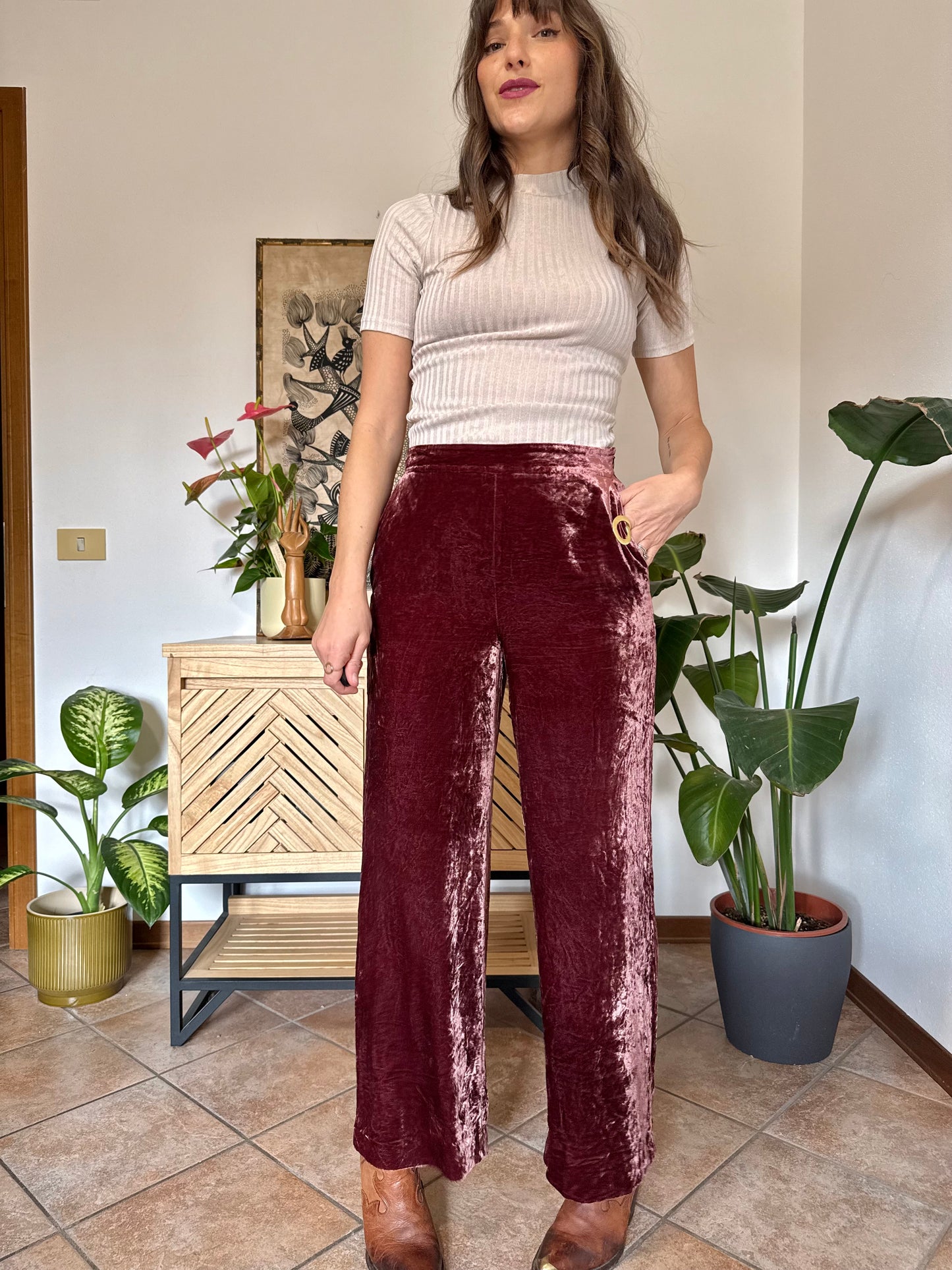 Burgundy crushed velvet wide leg trousers