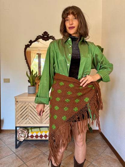 1970’s vintage chocolate brown and green knit shawl with fringe trim