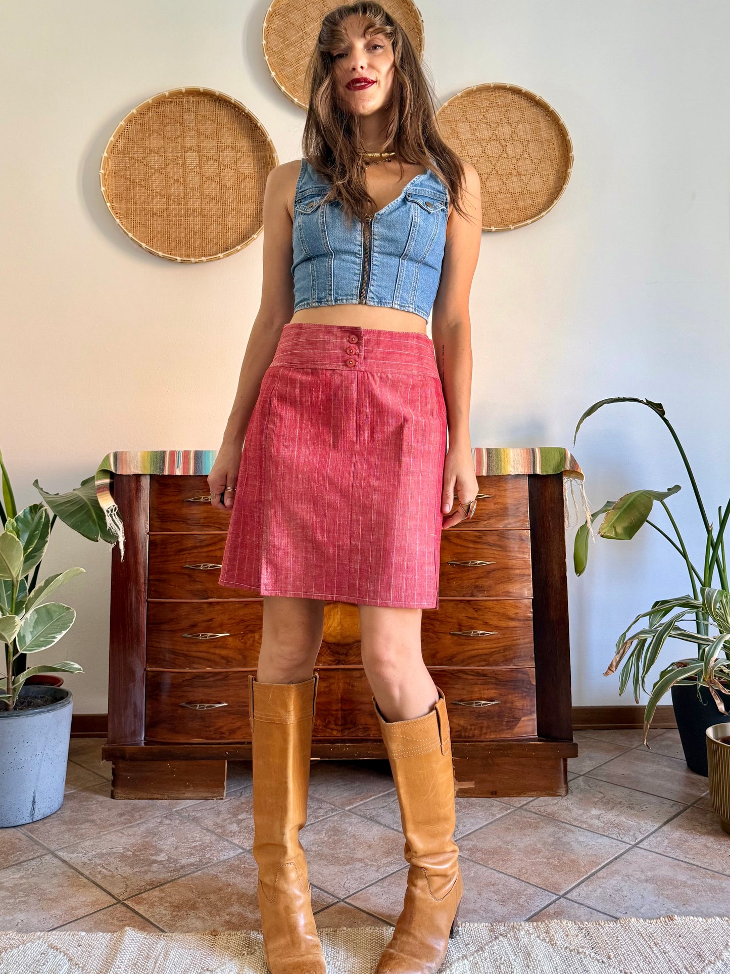1990's vintage red and white pin stripe textured mini skirt