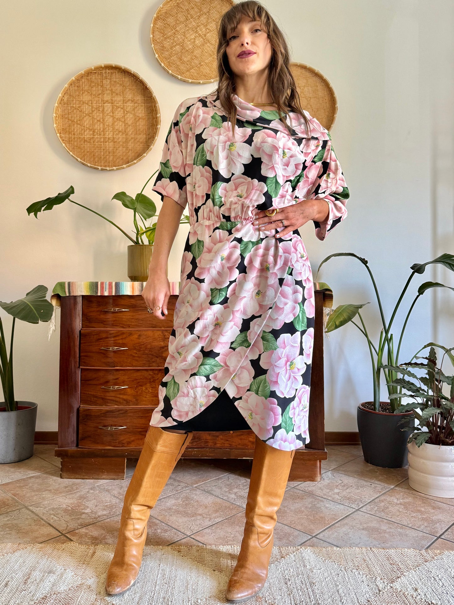 1960’s vintage pink, green and black silk floral print dress