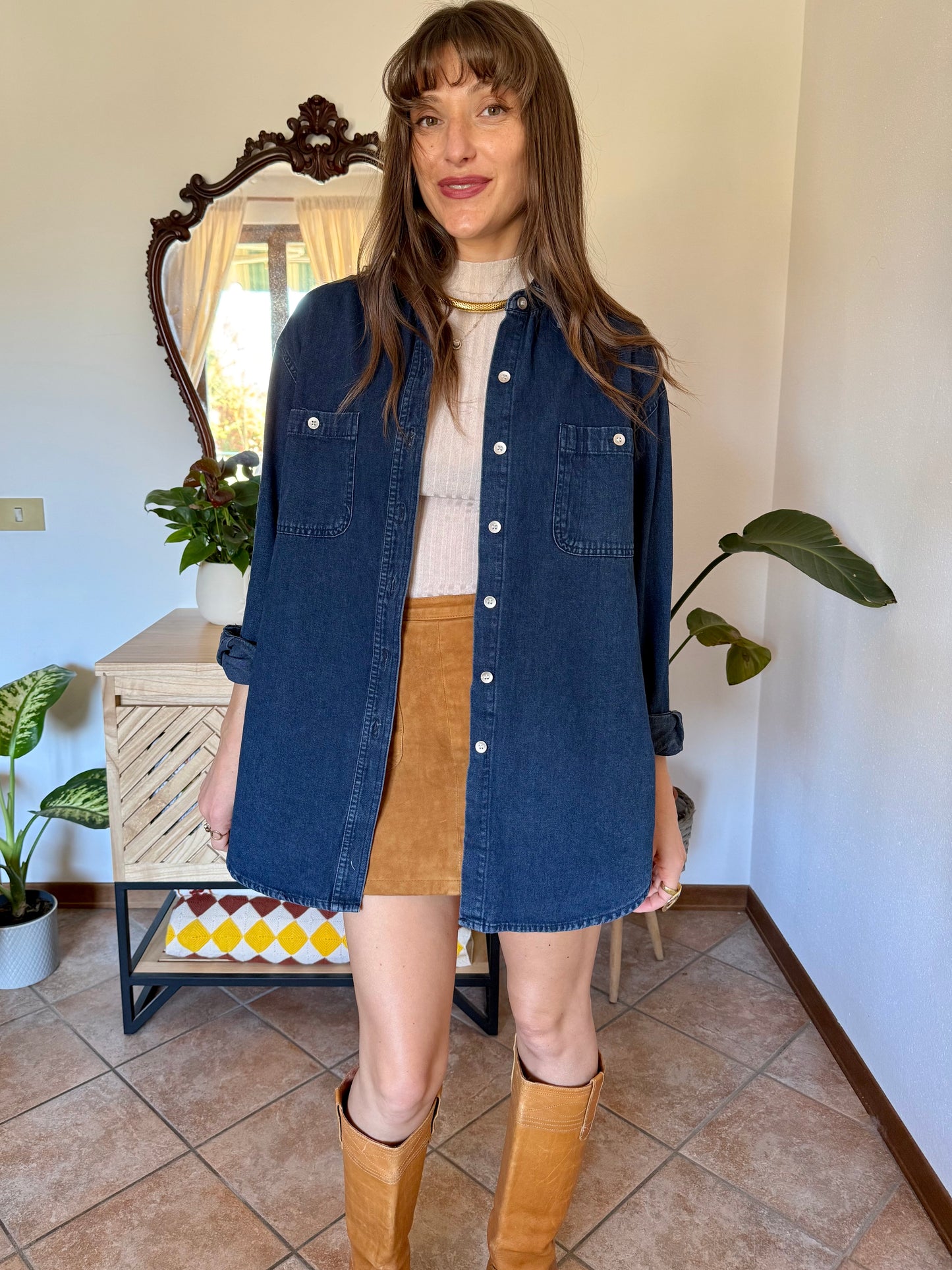 1990’s vintage thick dark denim shirt with metallic buttons
