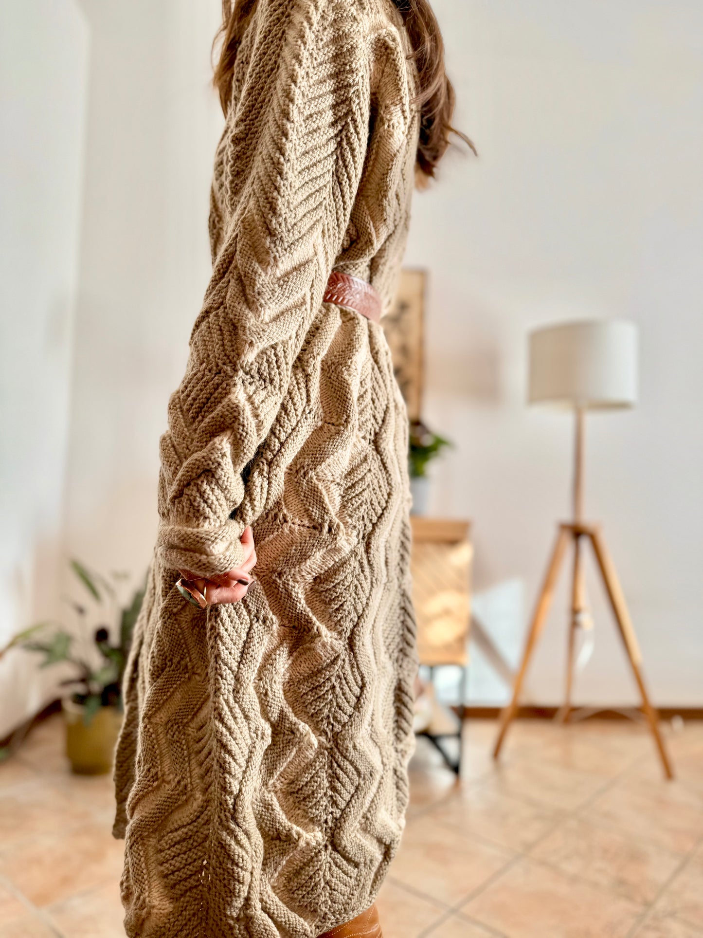 1970's vintage beige and cream chevron knit wool button down midi dress