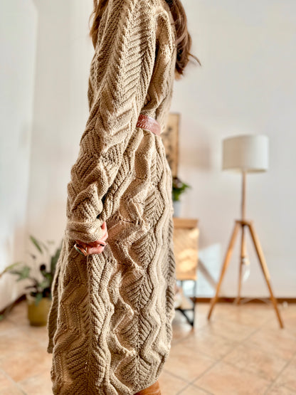 1970's vintage beige and cream chevron knit wool button down midi dress