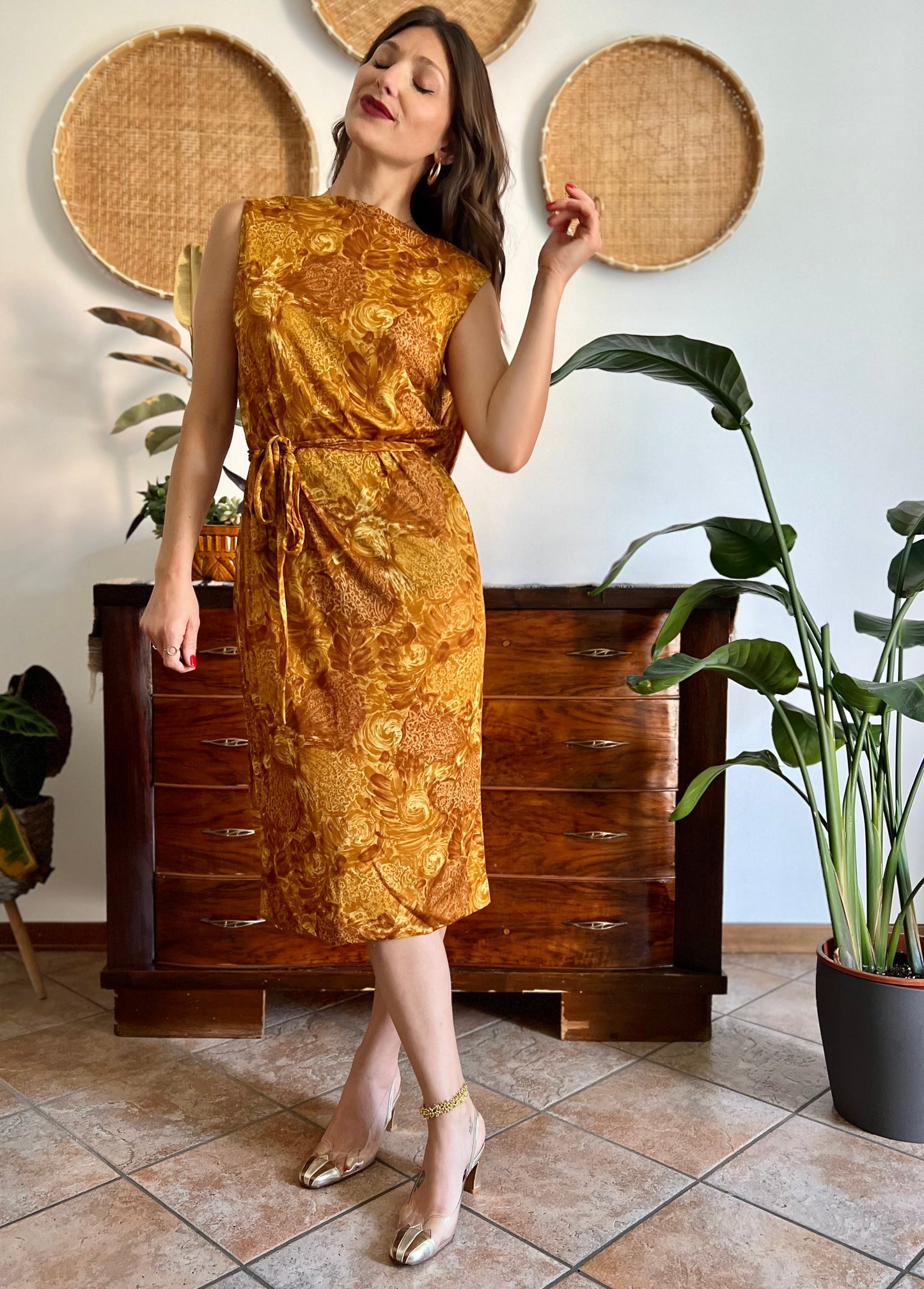 1960's vintage tan and mustard yellow floral print midi dress with cowl back