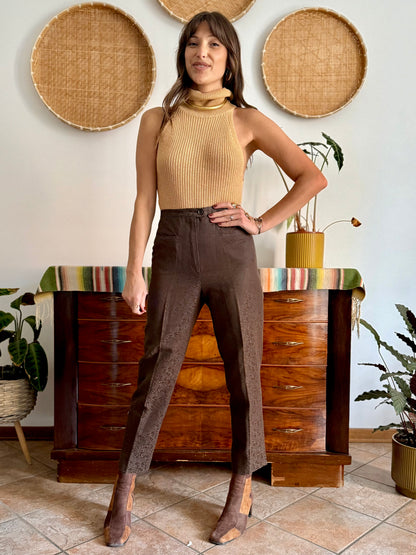 1970's vintage chocolate brown floral print tailored trousers