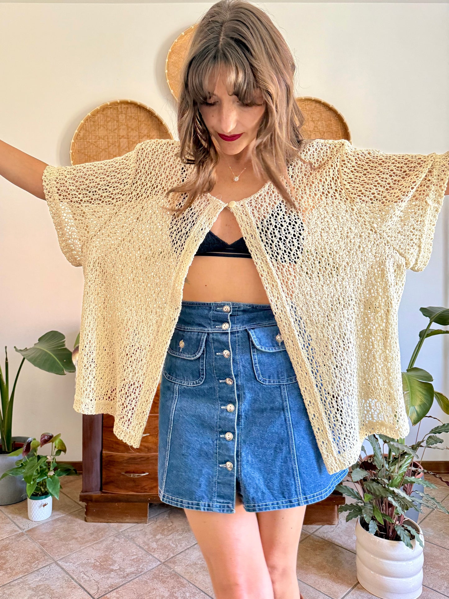 1970’s vintage oversize cream crocheted blouse