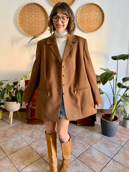 1970's vintage chocolate brown oversize wool jacket with gold metal details