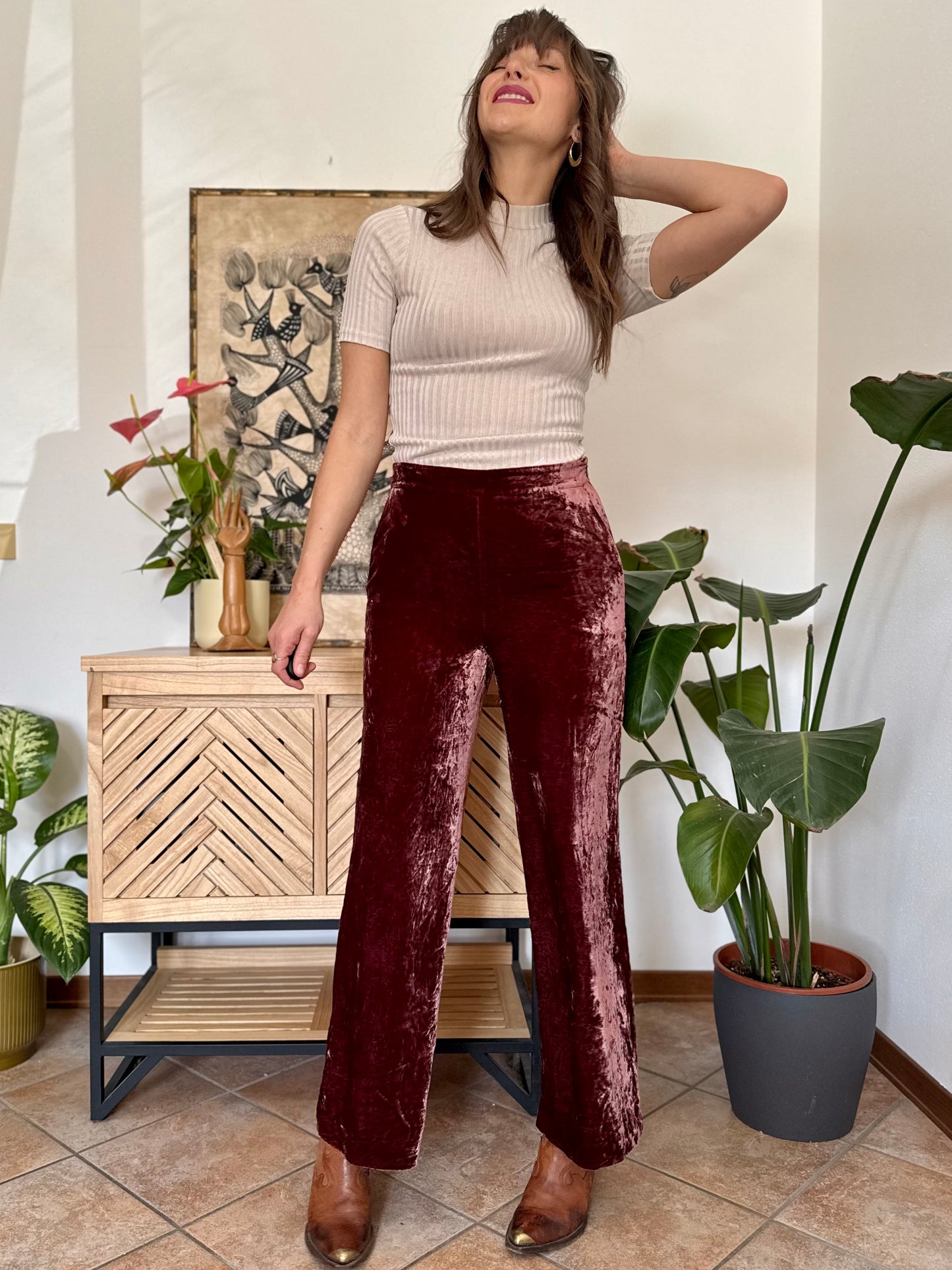 Burgundy crushed velvet wide leg trousers