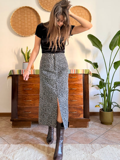 1970’s vintage dark grey animal print denim midi skirt