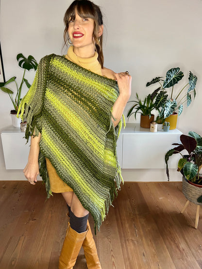 1970's vintage wool multitonal green stripe knit poncho with fringe details