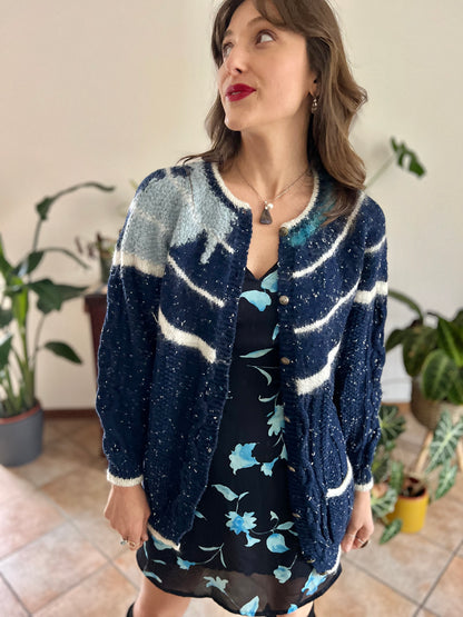 1970's vintage navy blue and cream speckled hand knit cardigan with turquoise asymmetric design