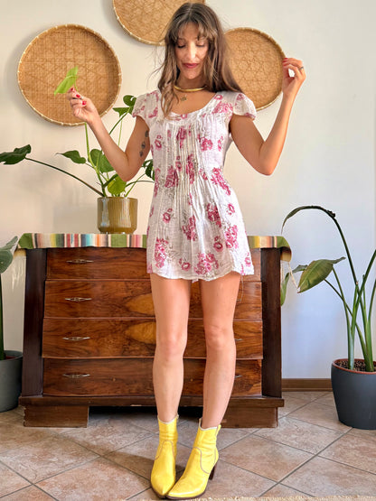 1990’s vintage white linen mini dress with floral print