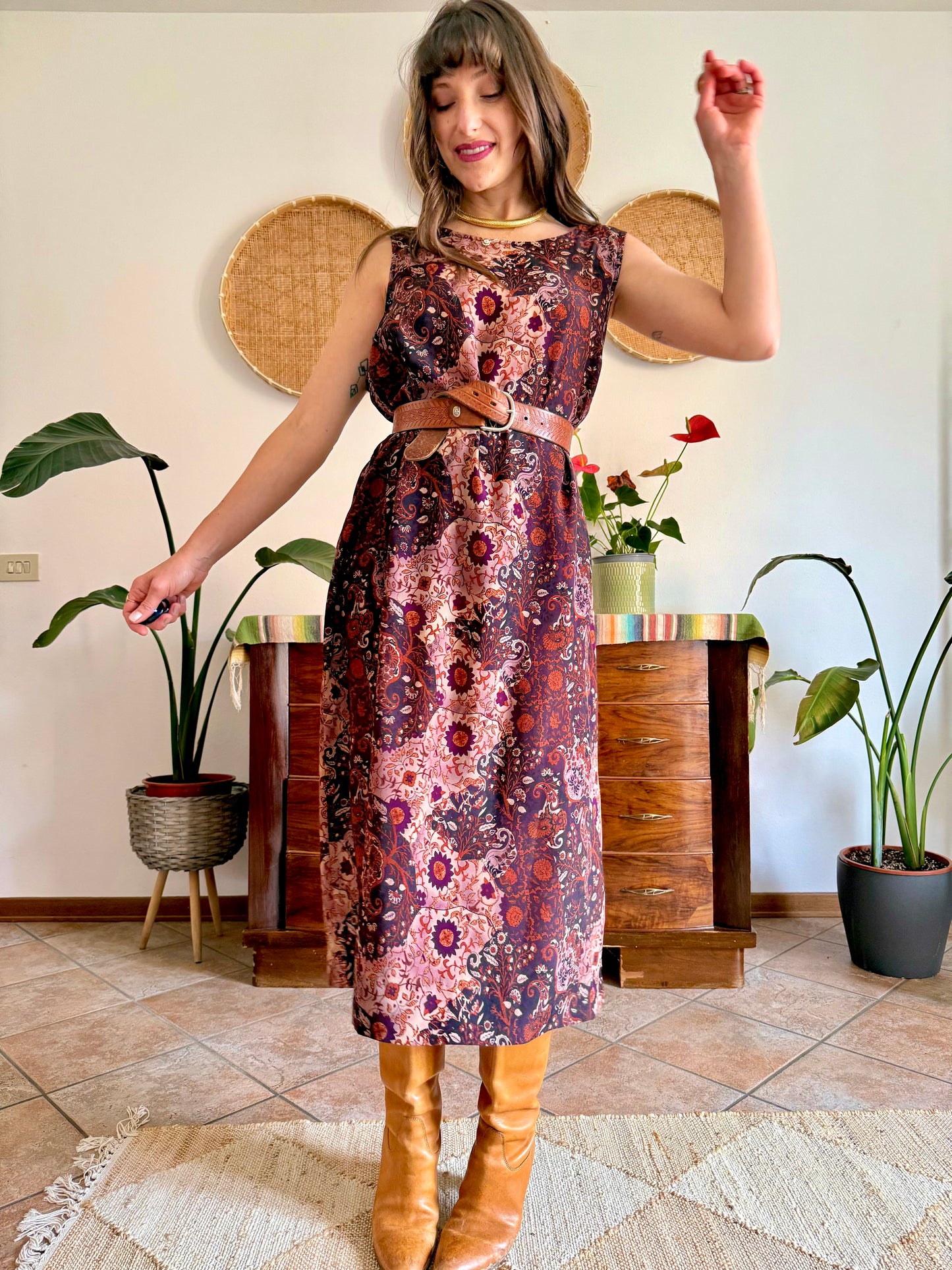 1990’s vintage burgundy, pink and orange floral paisley print maxi dress