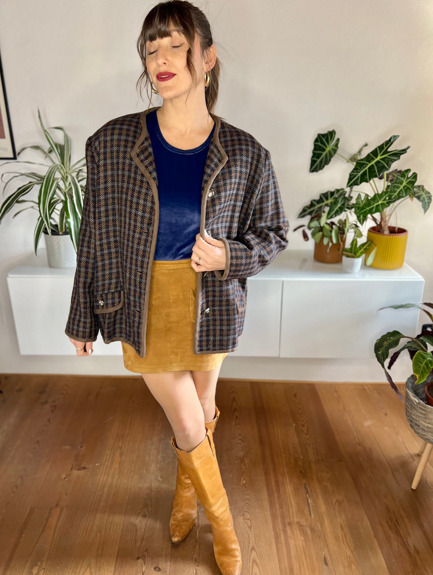 1970's vintage brown and blue oversize plaid wool blazer