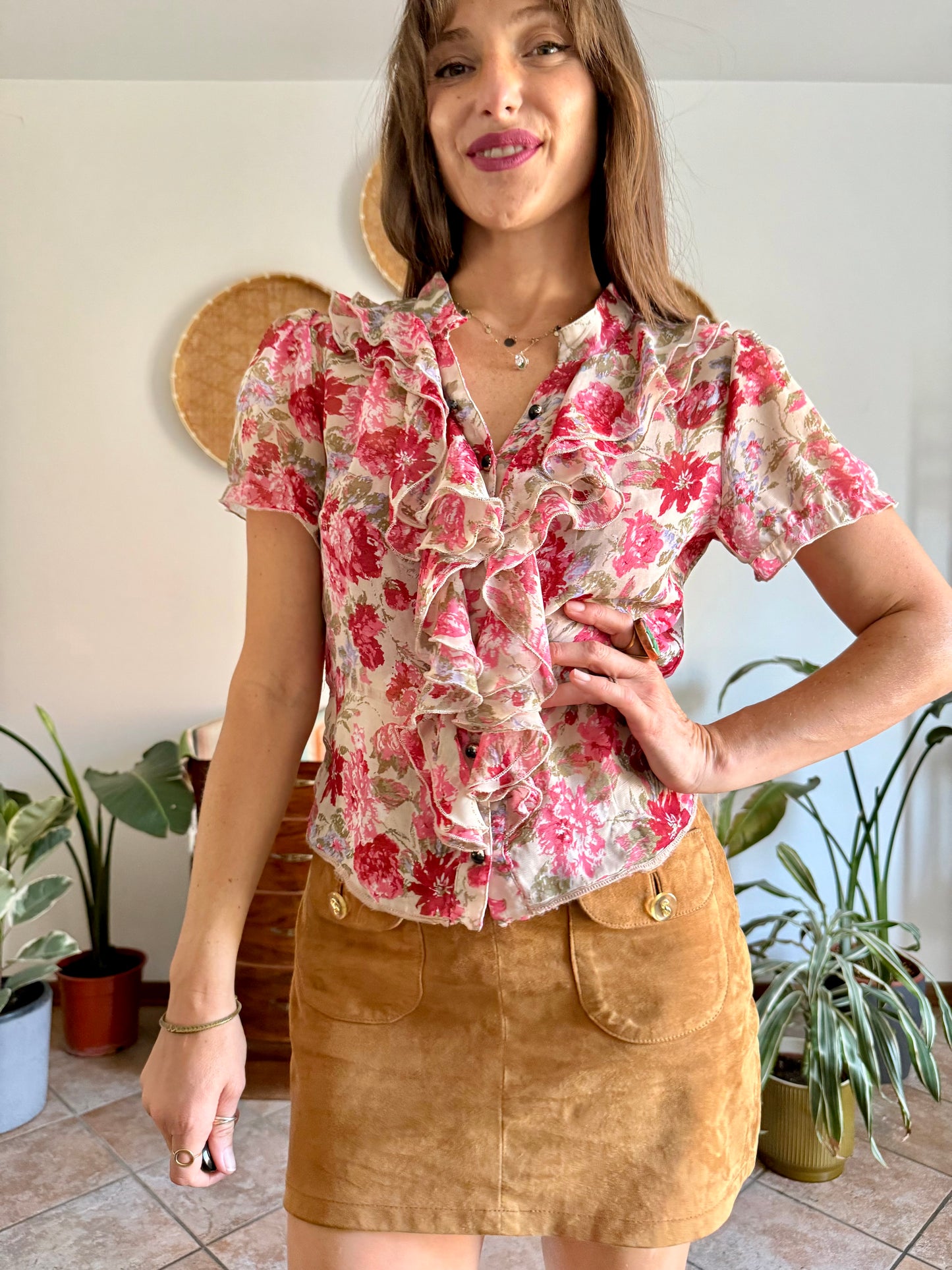 Y2K vintage pink floral ruffle silk blouse