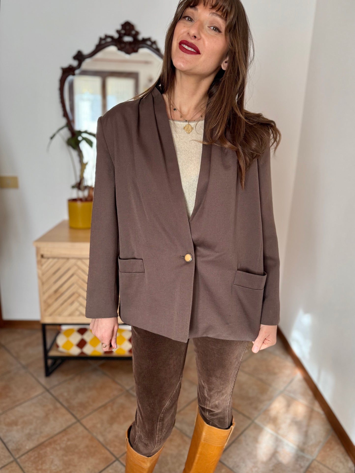1970's vintage dark khaki brown oversize blazer with pleated shoulder details