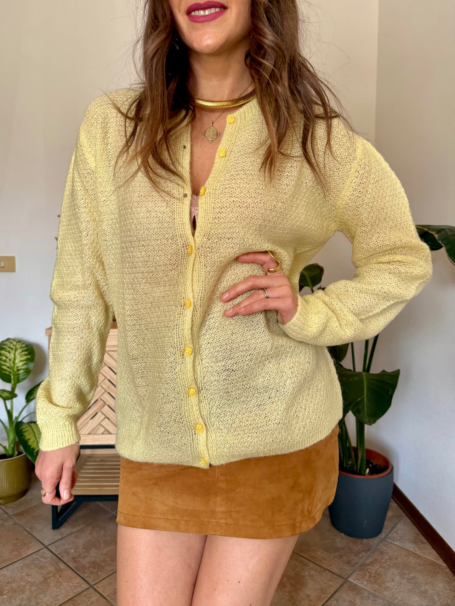 1960’s vintage hand knit butter yellow light weight wool cardigan