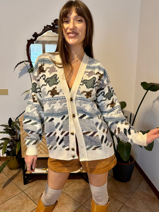 1990's vintage cream cardigan with multicolor geometric knit pattern