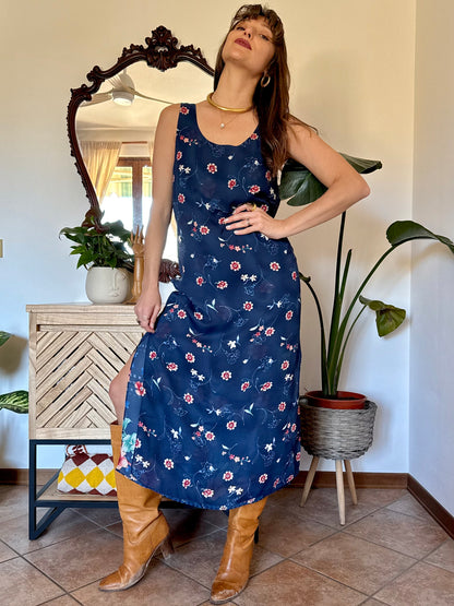 1990's vintage reversible navy blue floral print maxi dress