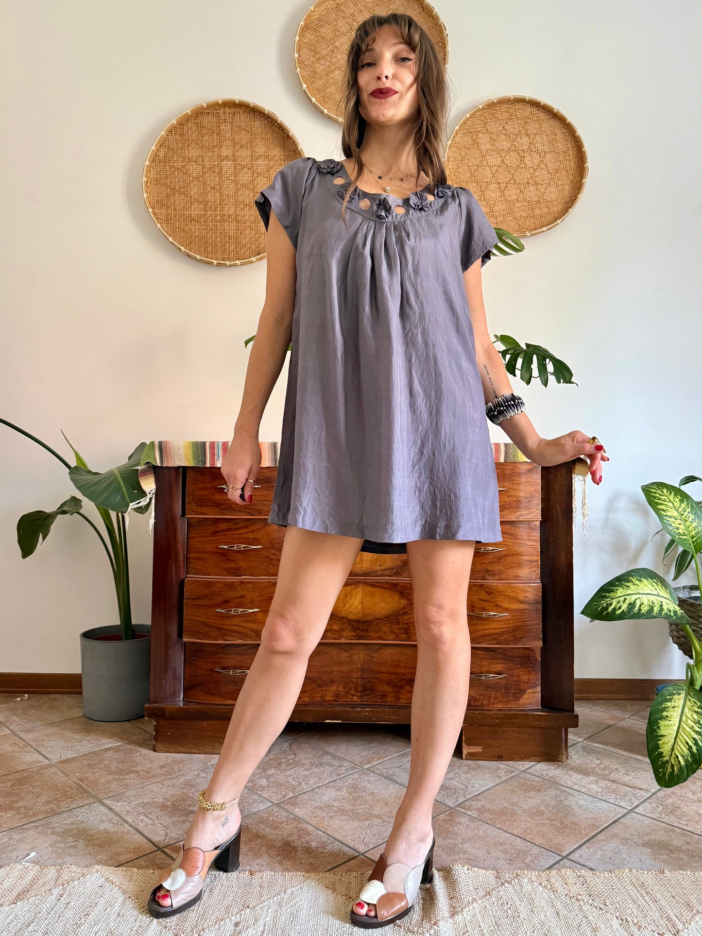 1990’s grey silk baby doll mini dress with appliqué floral detail along neckline