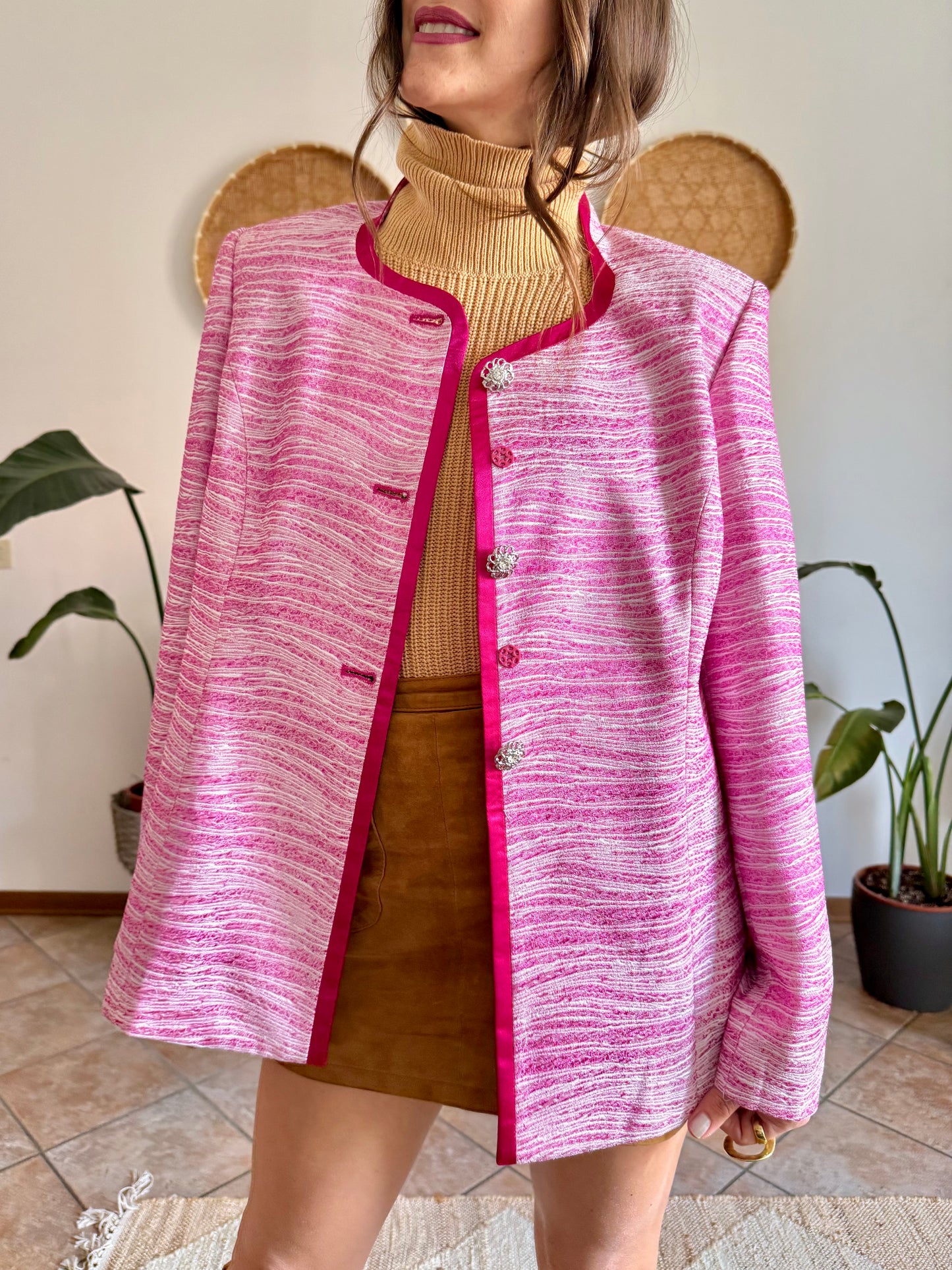 1980’s vintage fuchsia and cream textured woven jacket with rhinestones stone buttons