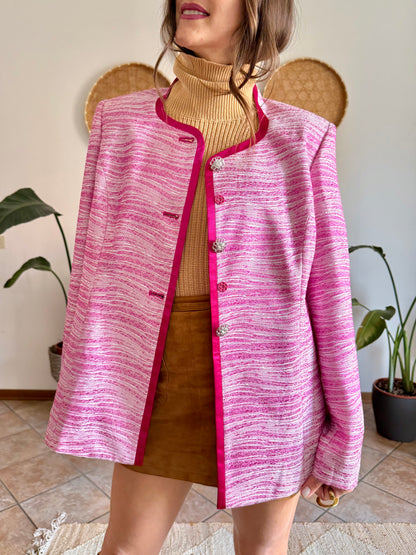 1980’s vintage fuchsia and cream textured woven jacket with rhinestones stone buttons
