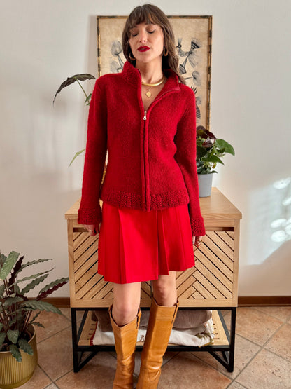 1990’s vintage textured cherry red knit zip up cardigan