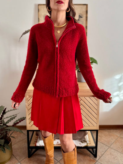 1990’s vintage textured cherry red knit zip up cardigan