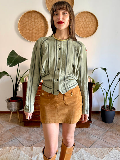 1970's vintage multi tonal vertical stripe green blouse