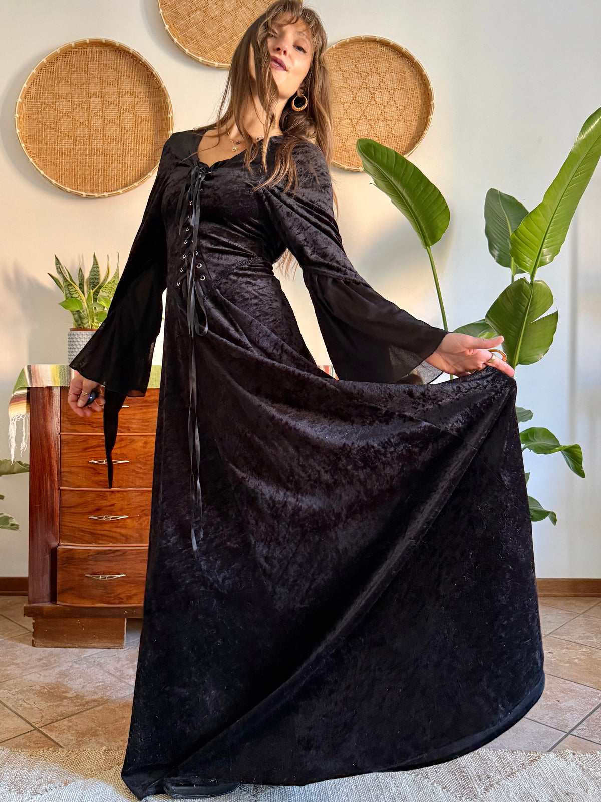 1990’s vintage black lace up bodice gothic velvet maxi dress with bell sleeves