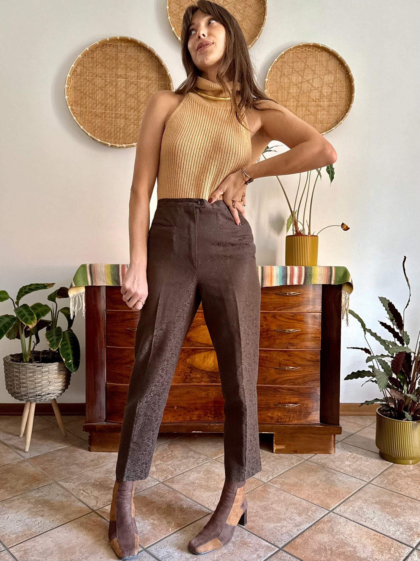 1970's vintage chocolate brown floral print tailored trousers