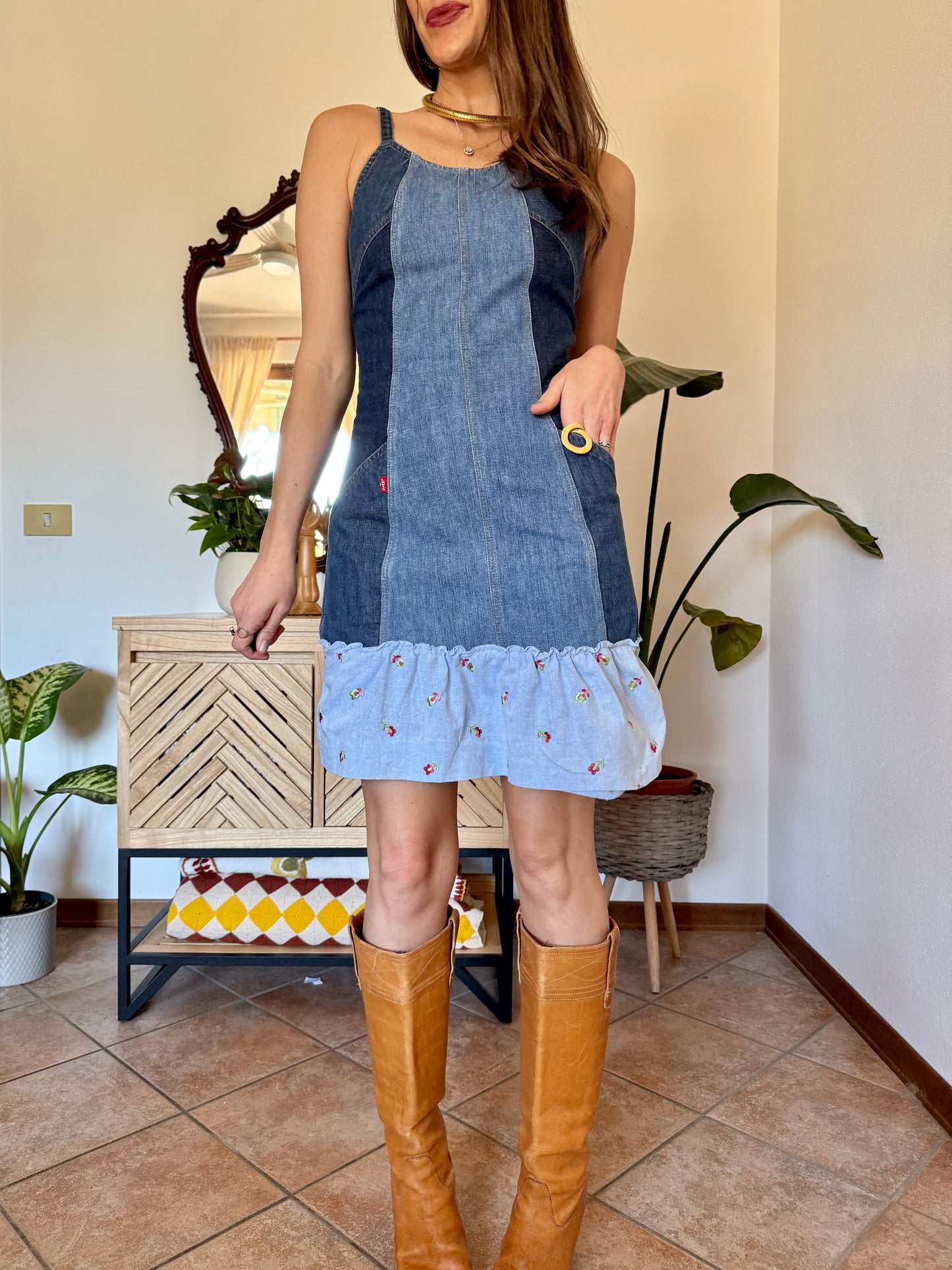 Y2k vintage denim Levi's mini dress with floral embroidery ruffle trim