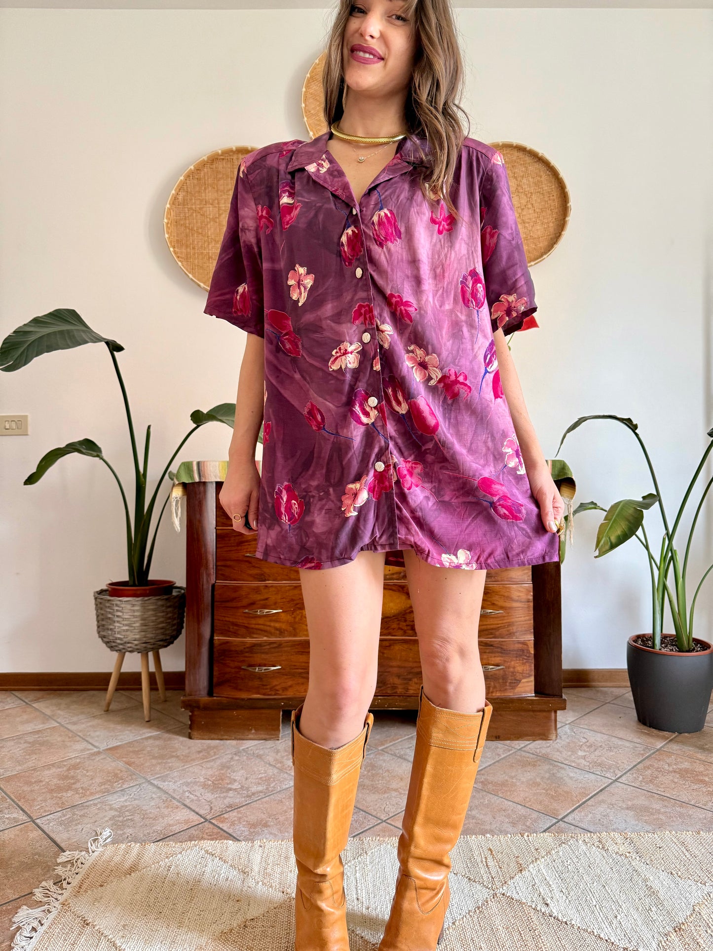 1980’s vintage fucsia and purple multi tonal floral shirt dress