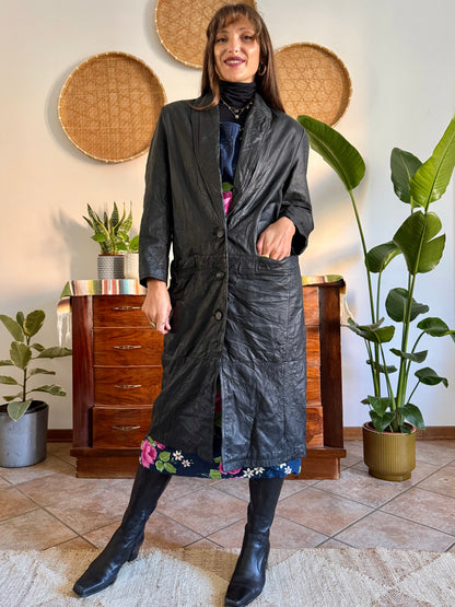1990’s vintage butter soft black leather trench coat with lapel detail