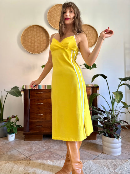 1990’s vintage canary yellow woven cotton midi dress with white stripe detailing