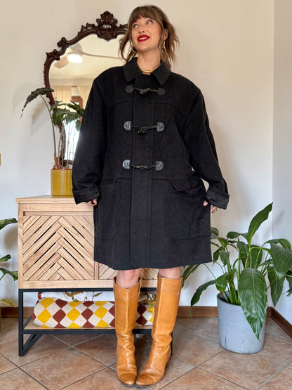 1970’s vintage charcoal grey cashmere and wool coat with toggle details