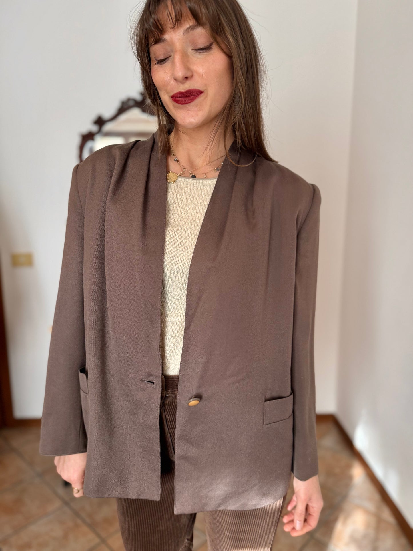 1970's vintage dark khaki brown oversize blazer with pleated shoulder details