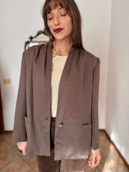 1970's vintage dark khaki brown oversize blazer with pleated shoulder details