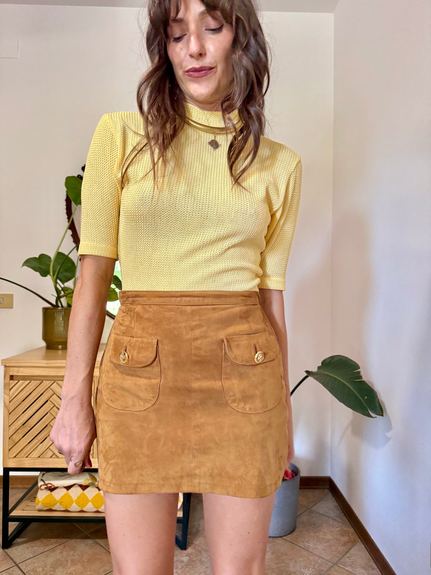 1970's vintage butter yellow knit mock neck top with zip detail