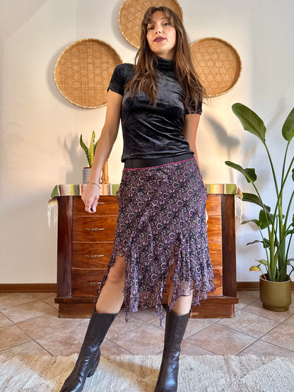 Y2K vintage asymmetrical hem silk paisley print skirt
