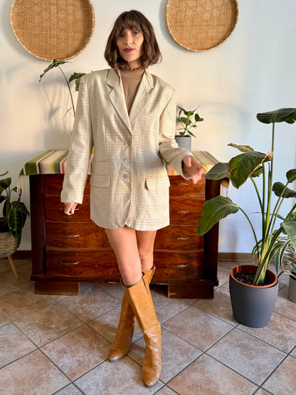 1970’s vintage wool cream, grey and tan plaid wool blazer with oversize mother of pearl buttons
