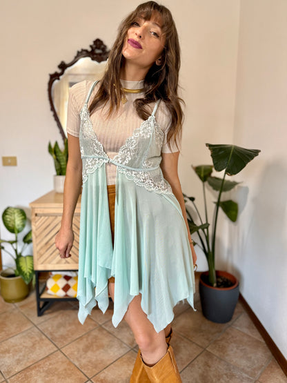 Y2K vintage asymmetrical light turquoise and lace slip