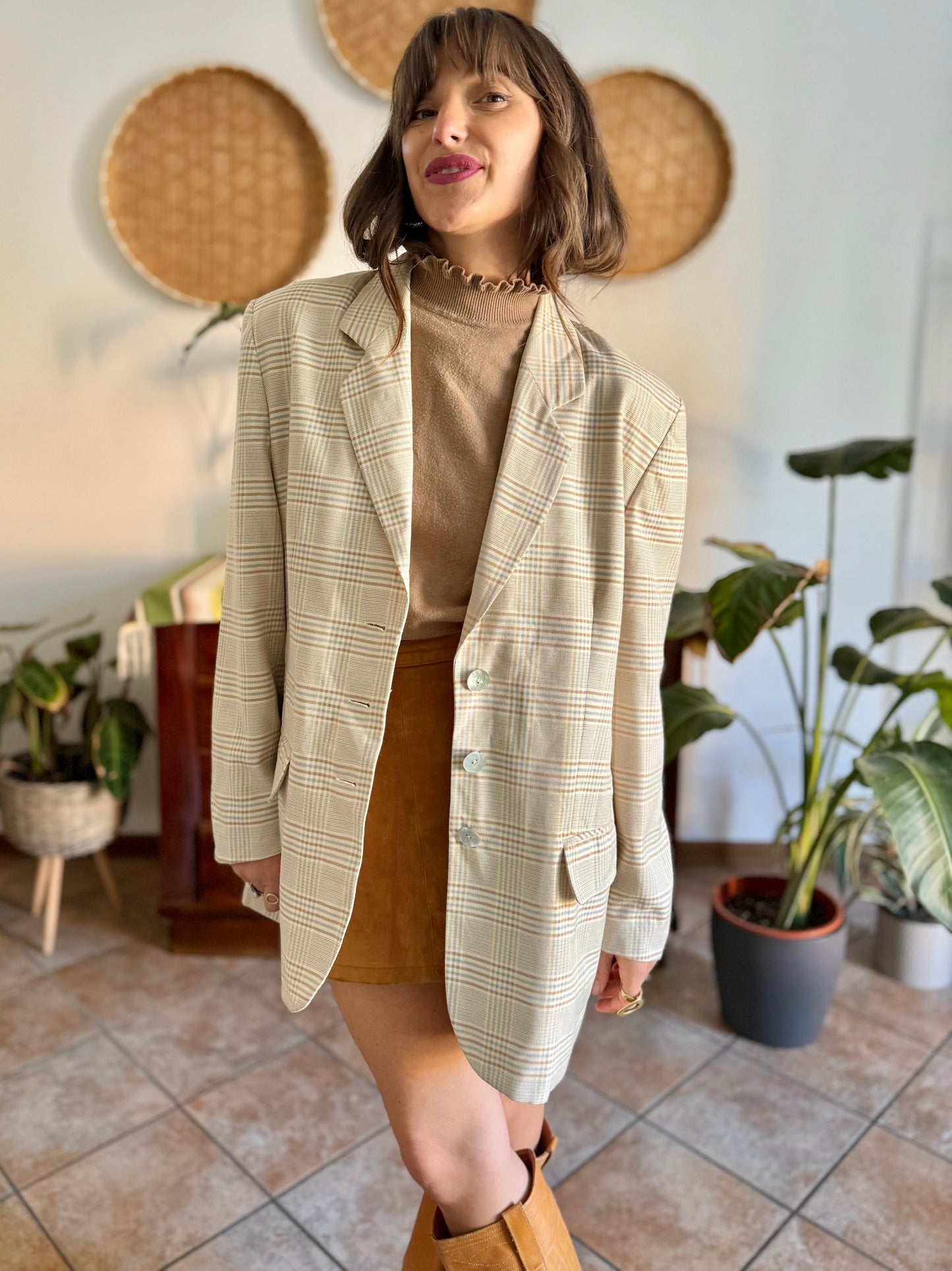 1970’s vintage wool cream, grey and tan plaid wool blazer with oversize mother of pearl buttons
