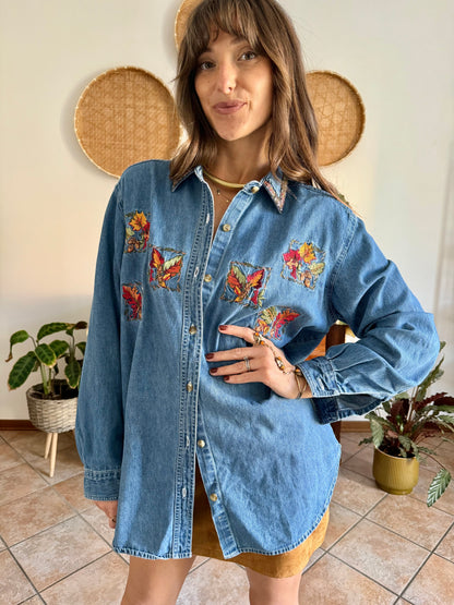 1990's vintage denim shirt with red, yellow and green embroidered autumn leaves