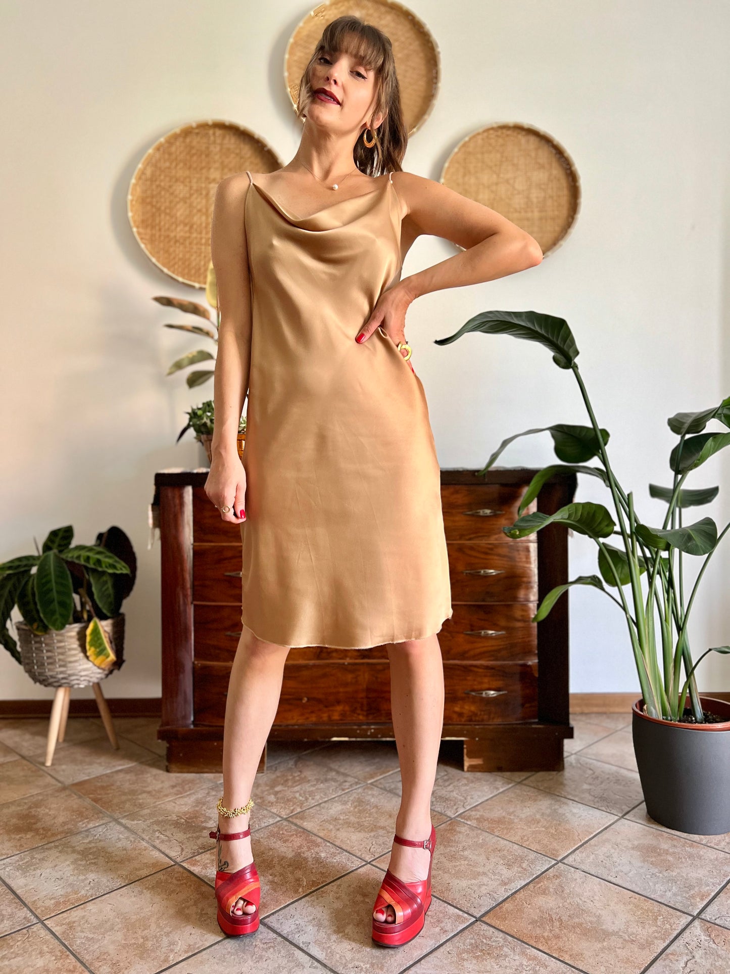 1990's vintage tan satin slip midi dress with cowl neck