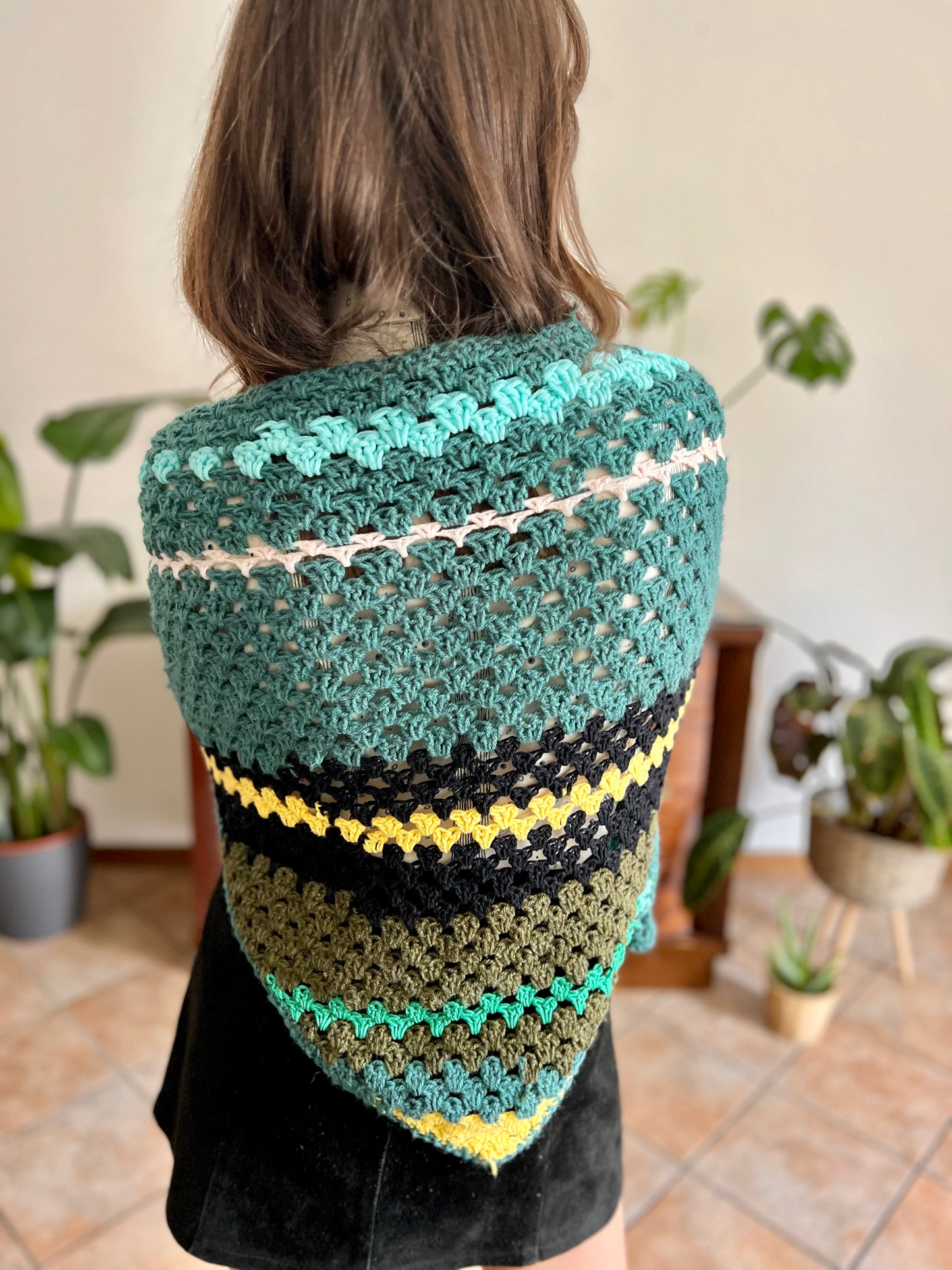 1970's vintage hand knit wool teal , black and yell stripe knit shawl