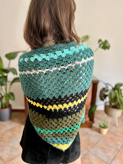 1970's vintage hand knit wool teal , black and yell stripe knit shawl