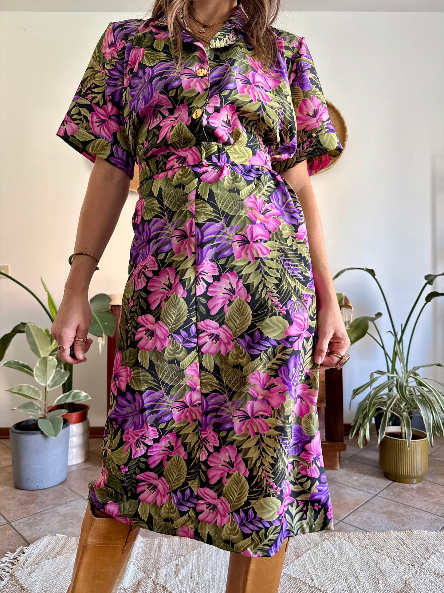 1960’s vintage, pink purple and green floral midi dress with matching belt