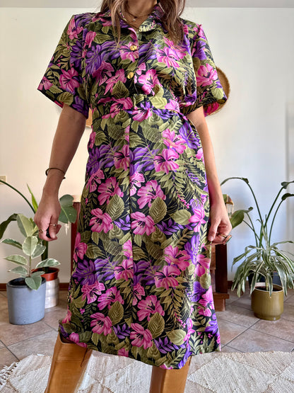 1960’s vintage, pink purple and green floral midi dress with matching belt